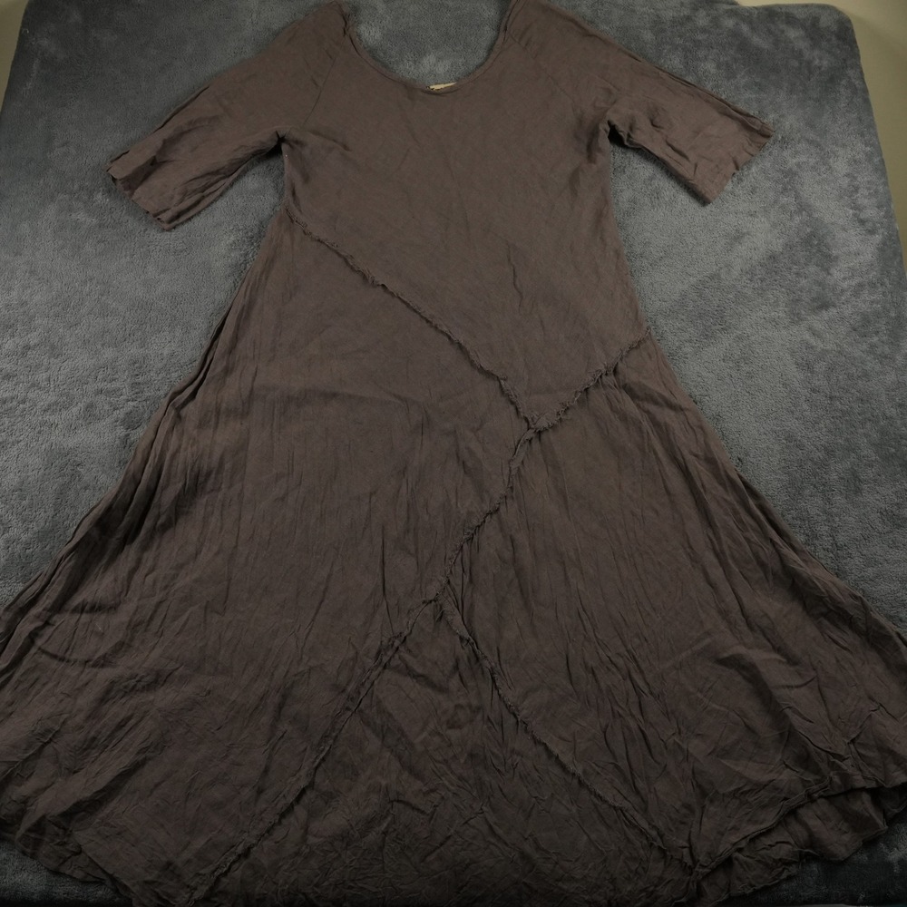 Tera Bora Dress Womens T1 Brown 100% Linen Lagenlook Italy Raw Seam Detail